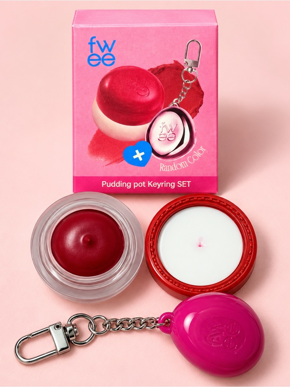 Pudding Pot Lip & Body Balm Set with key ring set - Pink/Red